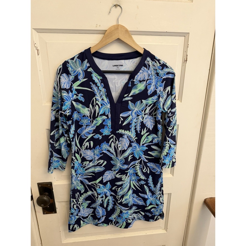 Lands End Navy Tropical Floral Stretch 3/4 Sleeve Dress Vacation Size XS